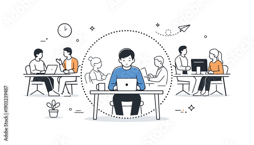 Isolation in open offices. A single person sitting quietly at a desk in a large shared workspace, surrounded by others but visually