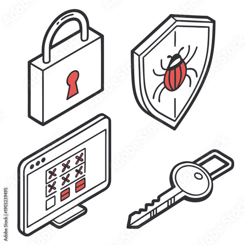 Illustration of a lock, a key, a fingerprint scanner, and a computer virus. Vector