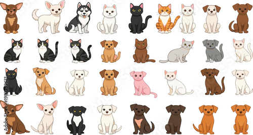 Cute dog and cat character collection with various breeds sitting isolated on white background cartoon pet vector illustration set