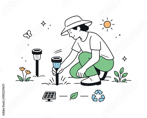 Solar garden lights. Person placing a solar light into the ground in a calm editorial scene. Gentle interaction with outdoor space, focus on