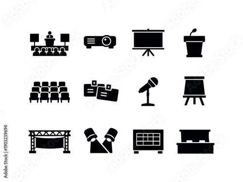Conference Icon Set. Conference Setup. Solid icon set of Conference Setup: lecture stage, projector, screen display, speaker podium, seating rows, name tags,