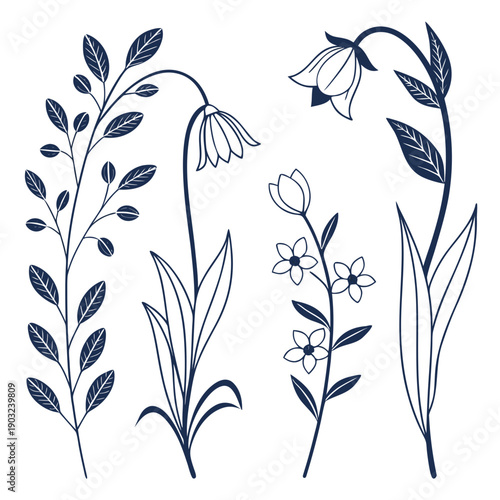 Delicate blue floral illustration with various plant species and flowers Vector