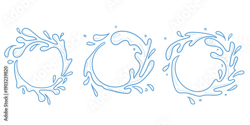 Splashes and drops, round frames, sketch. Vector illustration. Puddles and waves, set isolated on white background. Concept of summer, water Thai festival Songkran and travel. Not AI