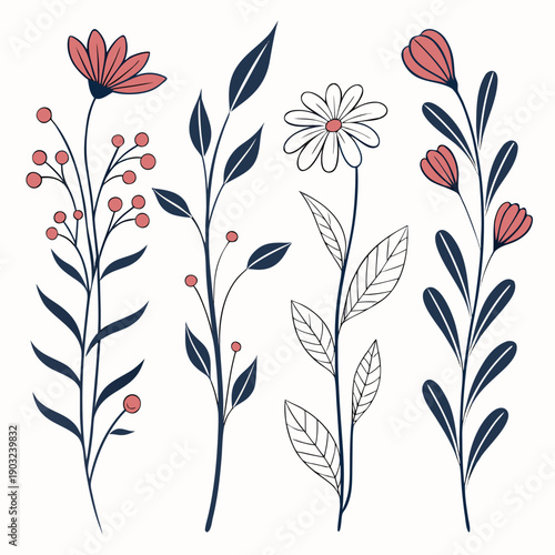 A beautiful illustration of various flowers in full bloom with green leaves and stems Vector