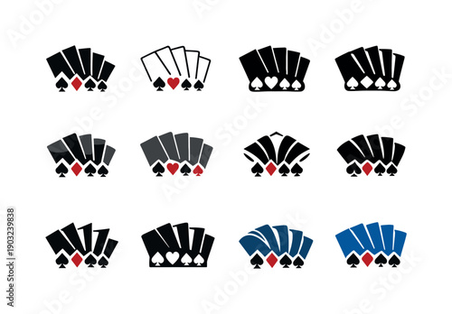 magic tricks. Icon set. Set Logo of magic tricks: playing cards fan illusion. harmonious logo variations of the same emblematic concept, each