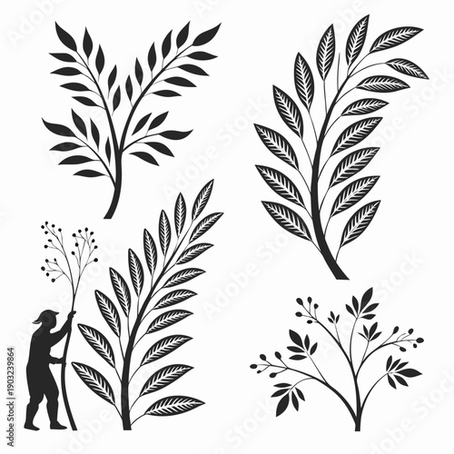 A collection of various leaf illustrations with a small animal figure. Vector