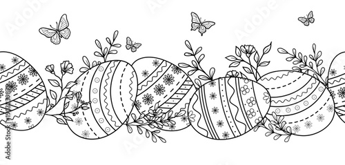 Painted Easter eggs and spring twigs, seamless border. vector illustration. Butterflies and meadow flowers, sketch isolated on white background