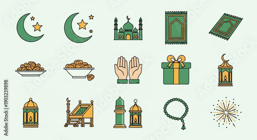 Collection of Ramadan icons including mosque, crescent moon, stars, dates, praying hands, gift, lantern, prayer mat, prayer beads, and fireworks for Islamic celebrations and cultural events