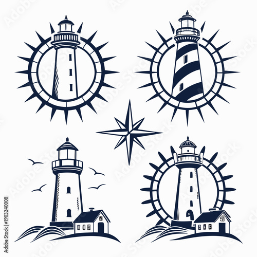 Four distinct lighthouses depicted with unique weather conditions and symbols Vector