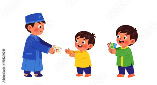 Three happy children celebrating an Islamic holiday and receiving gifts or money