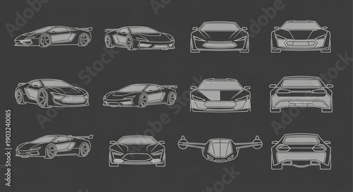 Collection of futuristic sports car wireframe illustrations.