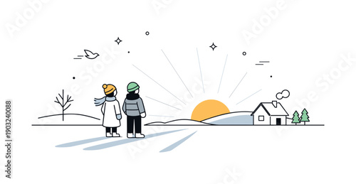 Low winter sunlight. Soft low-angle sunlight stretching across a minimal landscape, creating long gentle shadows and a calm seasonal mood.