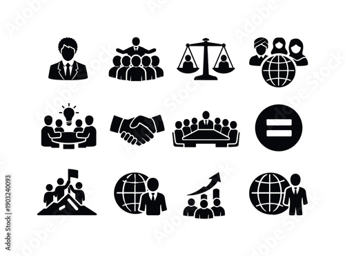 Diversity in leadership. Solid icon set of diversity in leadership: diverse leader, inclusive team, equal opportunity, gender balance,