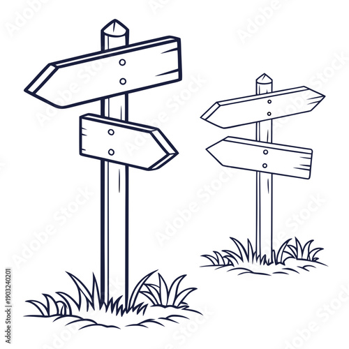 Three wooden signs pointing in different directions on a grassy field Vector