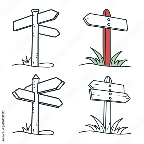 Four different types of signs on poles in a grassy area Vector