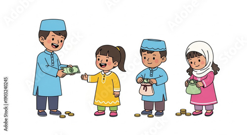 Cheerful Muslim Kids Practicing Charity and Sharing Gifts During Islamic Celebration, Illustrating Community and Generosity
