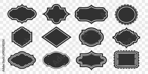 A collection of 24 unique, black, label-shaped silhouettes arranged on a transparent, checkered background. The labels vary in shape and size, each featuring a black fill outlined by a thin, white bor