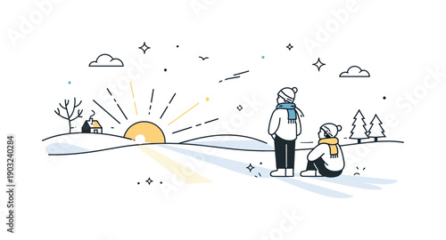 Low winter sunlight. Soft low-angle sunlight stretching across a minimal landscape, creating long gentle shadows and a calm seasonal mood.