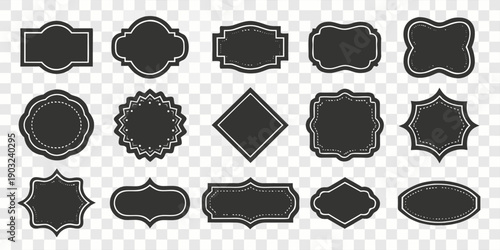 A collection of 24 unique, black, label-shaped silhouettes arranged on a transparent, checkered background. The labels vary in shape and size, each featuring a black fill outlined by a thin, white bor
