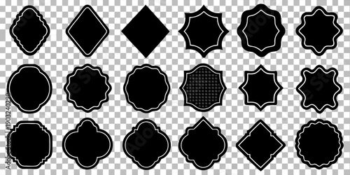 A collection of 24 unique, black, label-shaped silhouettes arranged on a transparent, checkered background. The labels vary in shape and size, each featuring a black fill outlined by a thin, white bor