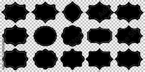 A collection of 24 unique, black, label-shaped silhouettes arranged on a transparent, checkered background. The labels vary in shape and size, each featuring a black fill outlined by a thin, white bor