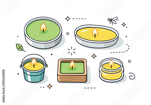 Citronella candles. Simple citronella candles arranged neatly from above, soft flame shapes and clean containers. Calm summer evening mood,