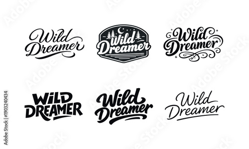 Wild dreamer script. Set lettering. harmonious lettering variations of the same emblematic concept, each with different artistic
