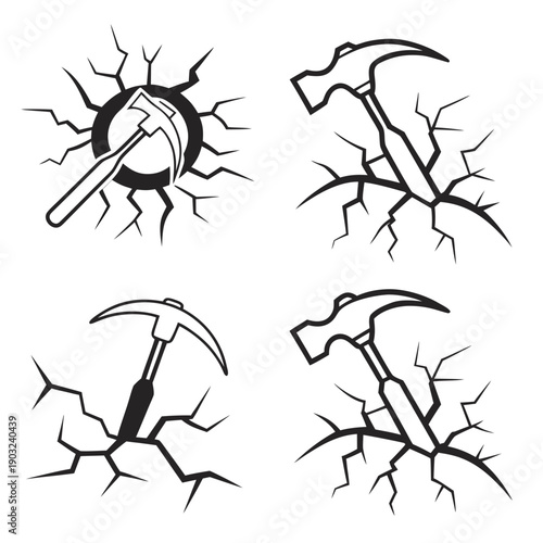 Four abstract illustrations of stylized, geometric sea creatures with a central focal point. Vector