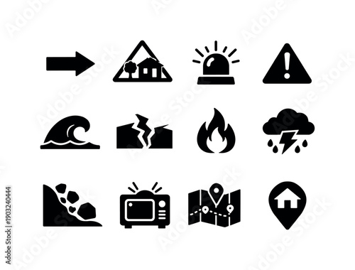 Disaster Evacuation. Solid icon set of Disaster Evacuation: evacuation route arrow, safe zone sign, siren alarm, warning triangle, flood