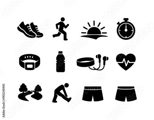Morning jog. Solid icon set of morning jog: running shoes, jogging person, sunrise, stopwatch, fitness tracker, water bottle, headband,