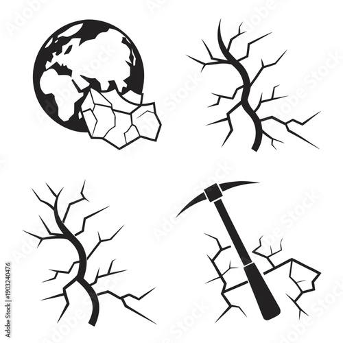 Depiction of various geological formations and tools used in geology. Vector