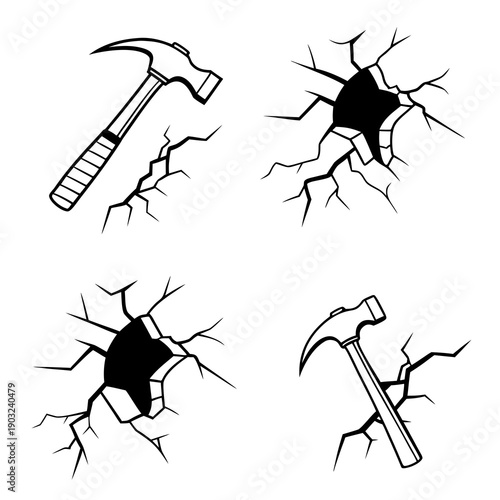 Four distinct hammers depicted in various artistic styles and perspectives. Vector
