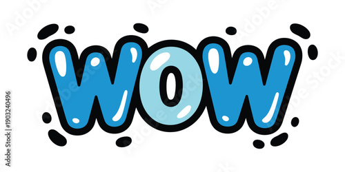 Playful blue bubble letters spelling WOW with black dots around it on a white background, expressing excitement.