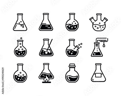 Chemistry flasks. Line icon set of chemistry flasks: acid flask, base solution flask, reagent flask, reaction flask, boiling solution flask,