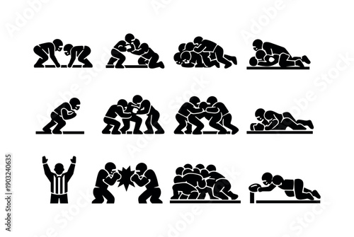 Goal Line Stop. Solid icon set of Goal Line Stop: goal line stance, short yardage run, defensive pile, low tackle, forward lean, stopped