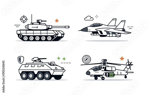 Military hardware. A clean editorial scene with simplified military vehicles displayed in a neutral, informational way. The mood is technical