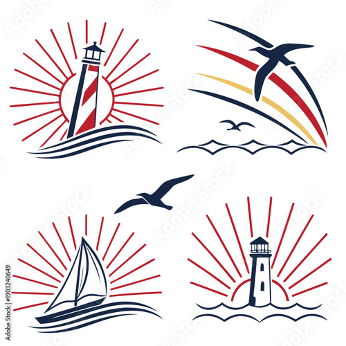 Illustrations of various water sports and activities with red lines Vector