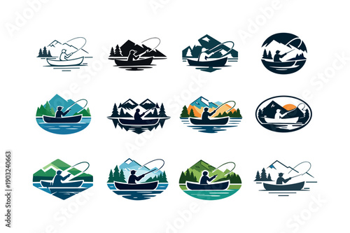 Remote Lake Fishing Logos. Fishing in remote lakes. Icon set. Set Logo of fishing in remote lakes: person casting line from canoe. harmonious logo variations
