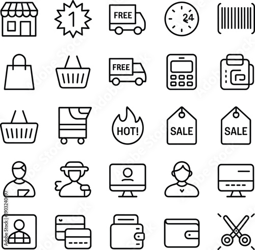 Black and white shopping e‑commerce icon set, vector retail symbols, store cart delivery credit card discount design elements, editable collection