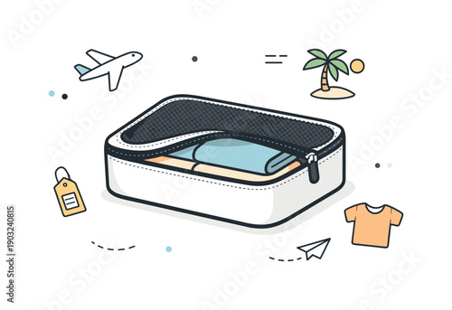 Minimalist Travel Cube. Packing cube minimal scene. A single packing cube partially unzipped, centered with a few floating icons around it. Focus on