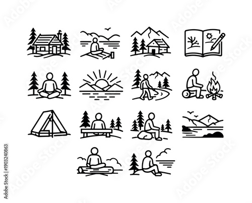 Nature Solo Retreat. Line icon set of Nature Solo Retreat: forest cabin, lakeside solitude, mountain hut, nature journaling,