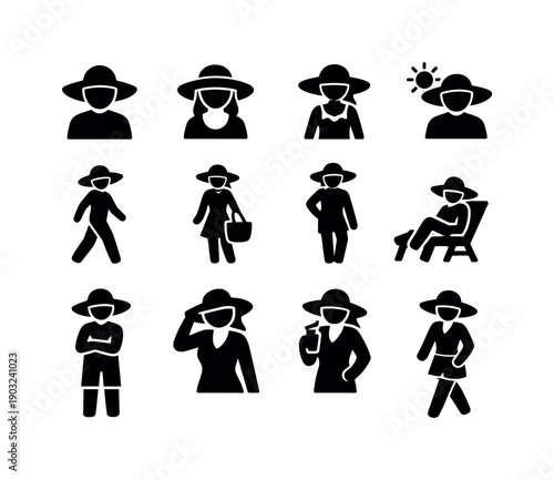 Wearing a Sunhat. Solid icon set of Wearing a Sunhat: person with sunhat, wide brim hat, summer outfit, sunny weather, face shade, outdoor