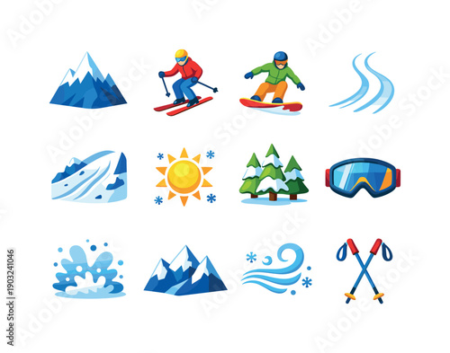 Snowy mountain action. Colorful flat vector icons set of snowy mountain action: snowy peak, downhill skier, snowboarder carving, ski tracks,