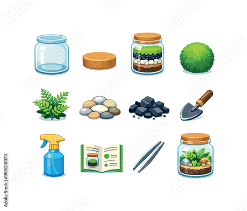 DIY Terrarium Kits. Colorful flat vector icons set of DIY Terrarium Kits: glass terrarium jar, cork lid, layered soil jar, moss ball,