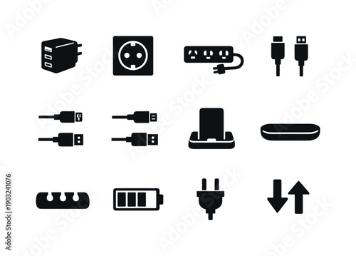 Device charging setup. Solid icon set of Device charging setup: multi port charger, wall socket, power strip, USB C cable, lightning cable,