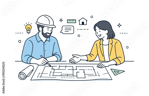 Architectural blueprints collaboration. Two professionals discussing blueprints, exchanging ideas and pointing at plans on the table. The