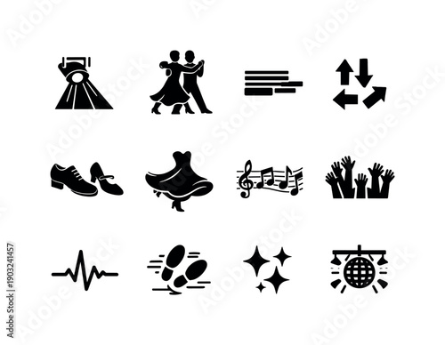Dance Energy Icons. Dance Floor Energy. Solid icon set of Dance Floor Energy: spotlight, quickstep duo, tempo lines, rhythm arrows, dance shoes, swirling