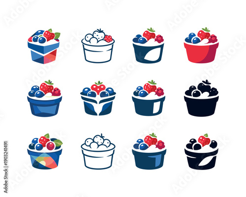 Healthy Snack Logos. Healthy snacks. Icon set. Set Logo of Healthy snacks: yogurt cup with berries. harmonious logo variations of the same emblematic concept,