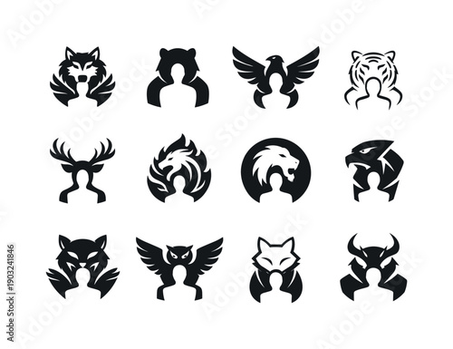 Beastly Transformation Icons. Beastly transformations. Icon set. Set Logo of Beastly transformations: animal spirit emerging. harmonious logo variations of the