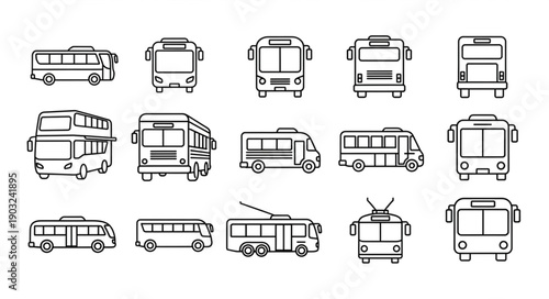 Collection of hand drawn bus illustrations in various styles.